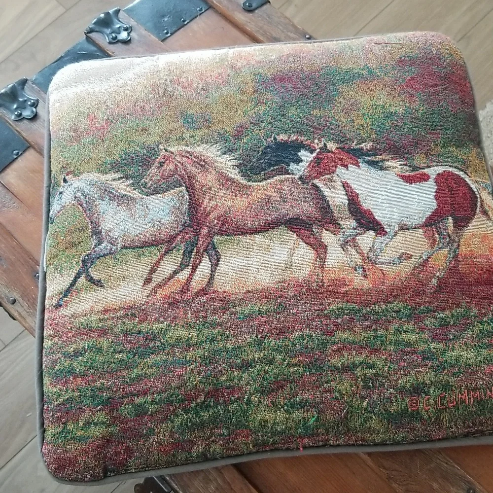 Vintage C. Cummings Wild Horses Tapestry Pillow